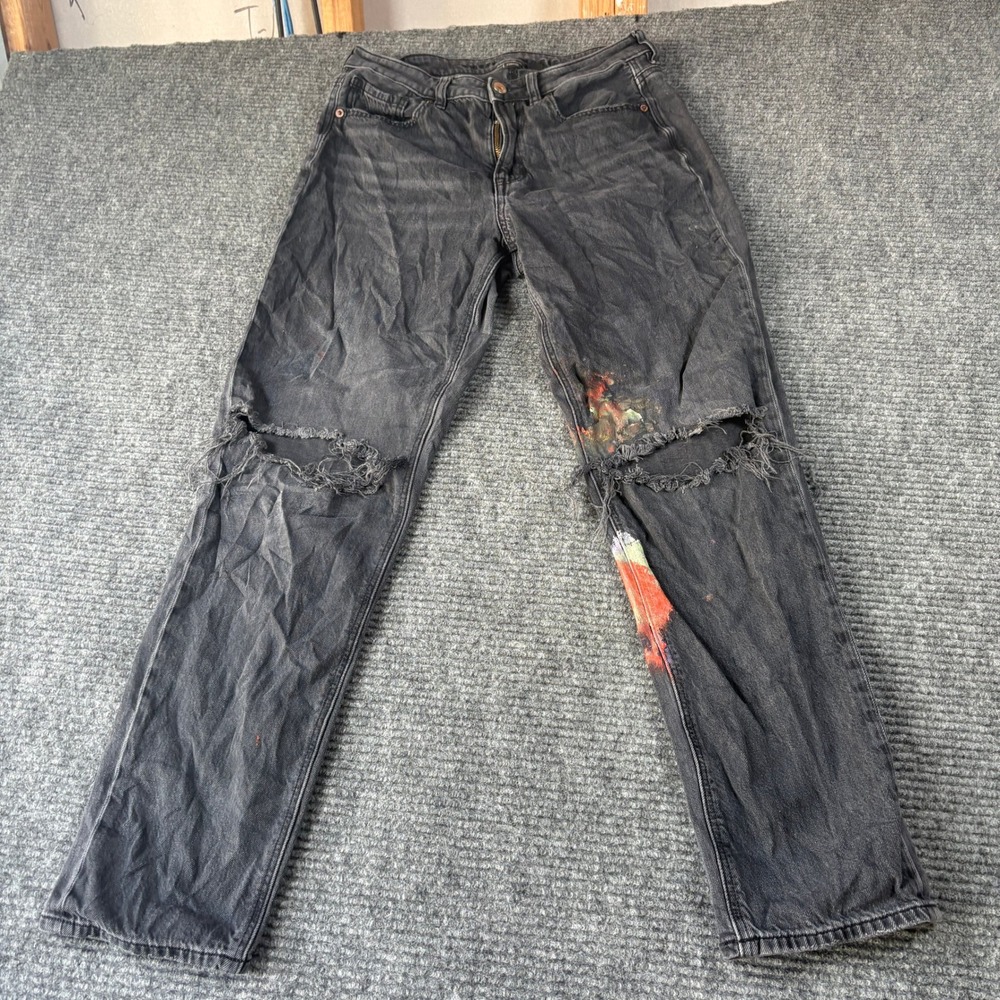 American Eagle Strigid Distressed Paint Splatter Ripped Mom Jeans Black Size 6